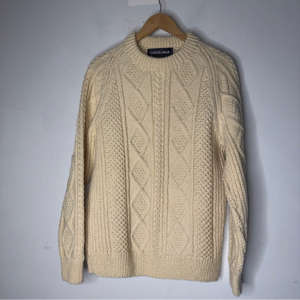 Norsaga Wool Cable Knit Cream Sweater Handknit Scotland See Measurements